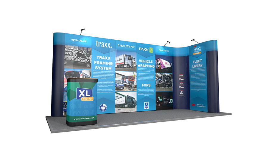 5m x 2m Linked L-shaped Pop Up Exhibition Stand Backwall Complete With Two Wheeled Transport Cases